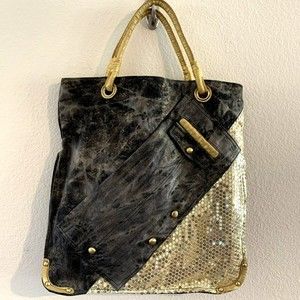 Nila Anthony Handbag Tote Gold Sequin Brown Canvas